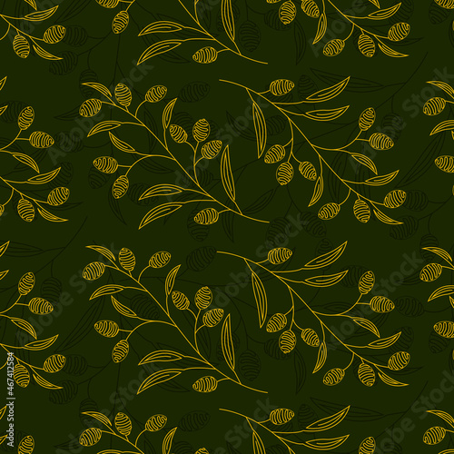 Vector Seamless pattern of gold oil branches in line art style on army green background