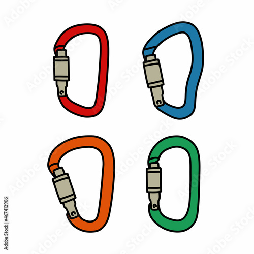 climbing carabiner doodle icon, vector color line illustration