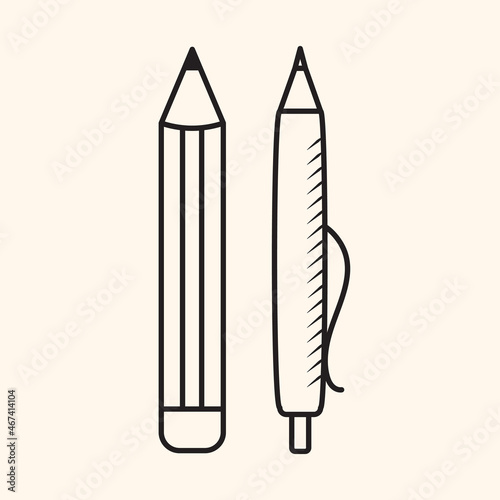 Black outline illustration of pen and pencil in doodle style. Symbol of education and study. Writing equipment isolated. School and college stationery sketch