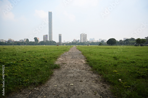 Big grass Ground from country side at maidan kolkata.  Man made road