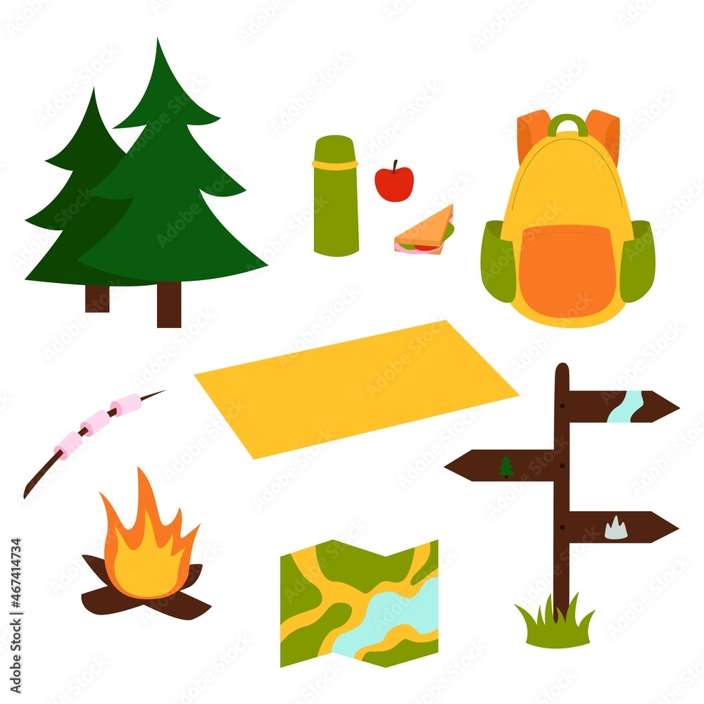 Bundle Hiking. Set things related to hiking. Vector illustration in flat style on a white background. Bundle Hiking. Set things related to hiking. Vector illustration in flat style on a white background.