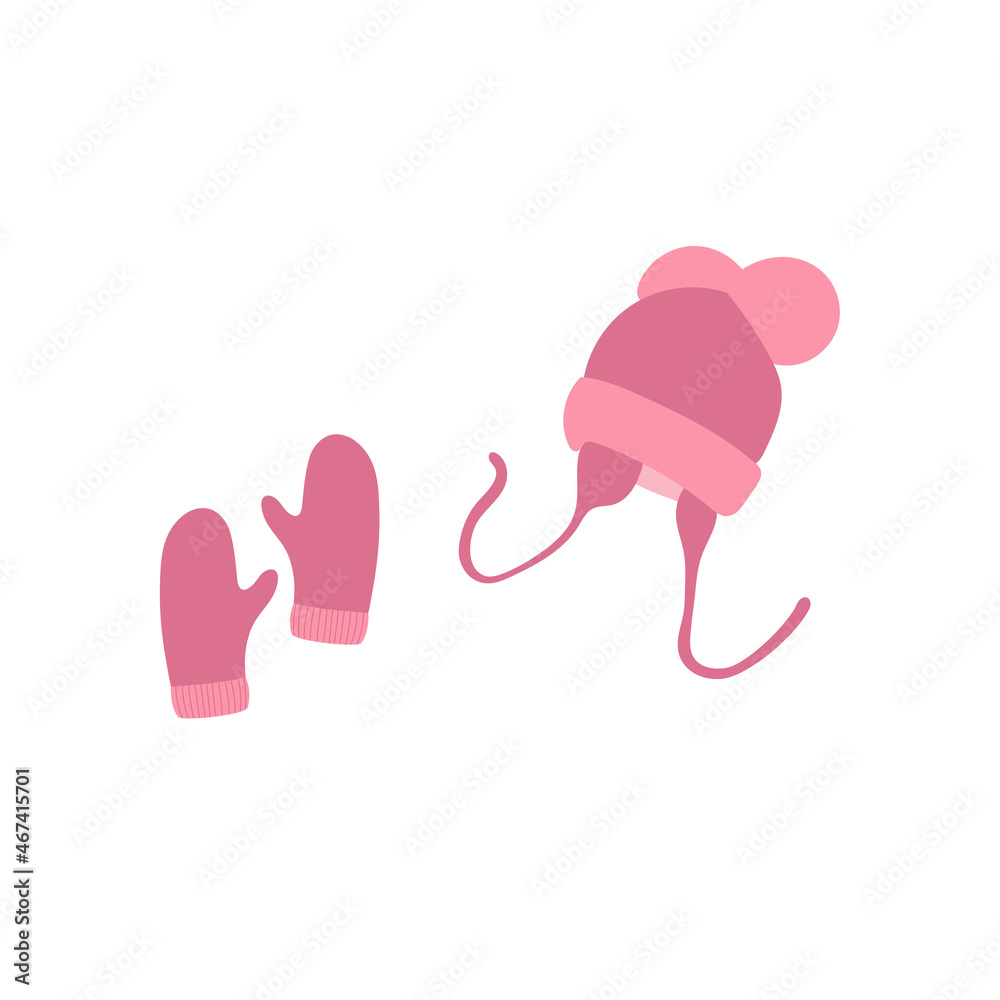 Pink winter hat and mittens for children. Baby winter clothes accessories. Knit wool hat with pompoms. Doodle style. Pink winter hat and mittens for children. Baby winter clothes accessories. Knit wool hat with pompoms. Doodle style.
