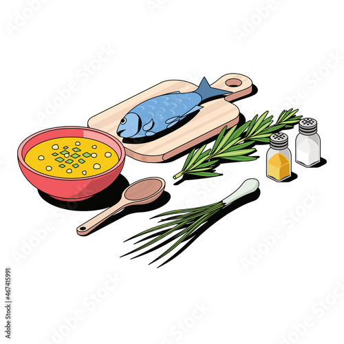 Soup, fish, onion and rosemary, spices and salt. Vector 3d sketch line isometric style, color icon illustration. Creative design idea and infographics elements.