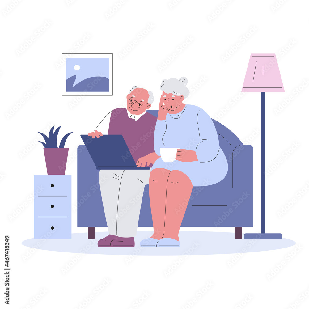 Elderly couple with laptop on the couch. Vector illustration in a flat style.