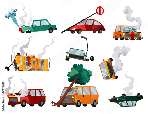 Accidents on road cars damaged. Road accident icons set with car crash symbols. Flat damaged vehicle insurance. Damaged autos. Need repair service or not recoverable