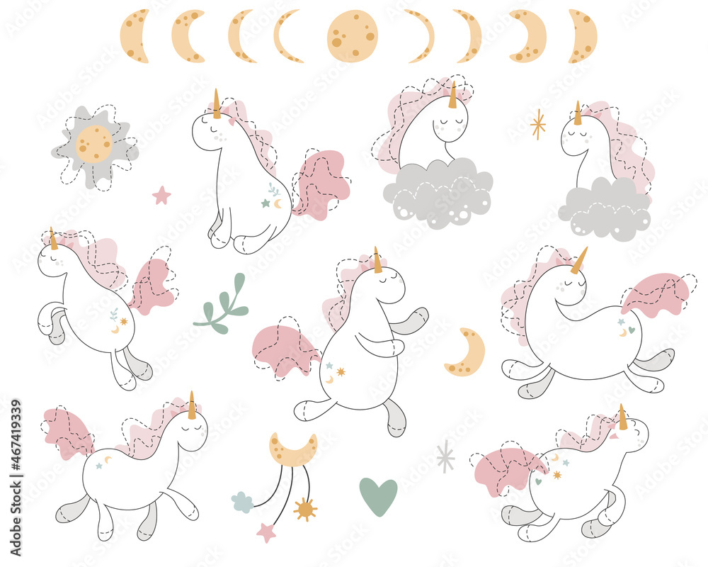 Set of cute cartoon unicorns with clouds, moon phases, stars. Vector illustration isolated on a white background. For sticker, embroidery, design, decoration, print, t-shirt, dishes, children textile. Set of cute cartoon unicorns with clouds, moon phases, stars. Vector illustration isolated on a white background. For sticker, embroidery, design, decoration, print, t-shirt, dishes, children textile.
