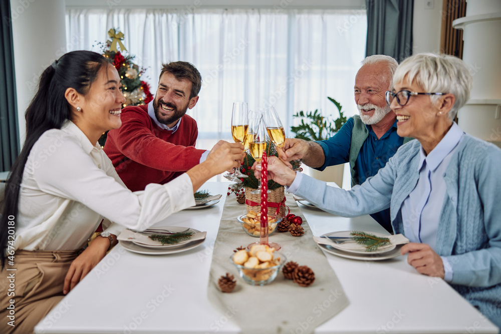 Family toasting at christmas dinner in the dinning room