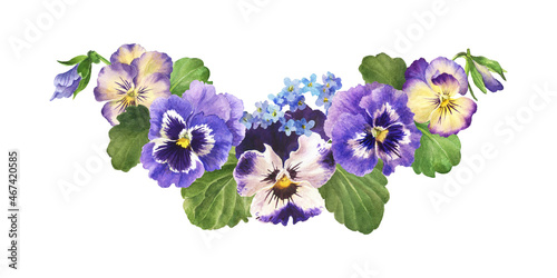 watercolor bouquet of pansies  hand drawn floral illustration isolated on white background