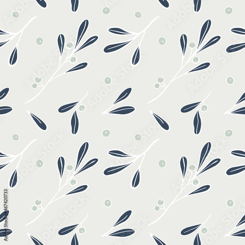 Seamless botanical pattern with mistletoe leaves and berries for wrapping paper, banners, print, collage and holiday backdrops decoration. Vector illustration.