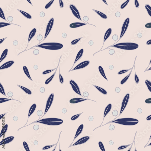 Seamless botanical pattern with mistletoe leaves and berries for wrapping paper, banners, print, collage and holiday backdrops decoration. Vector illustration.