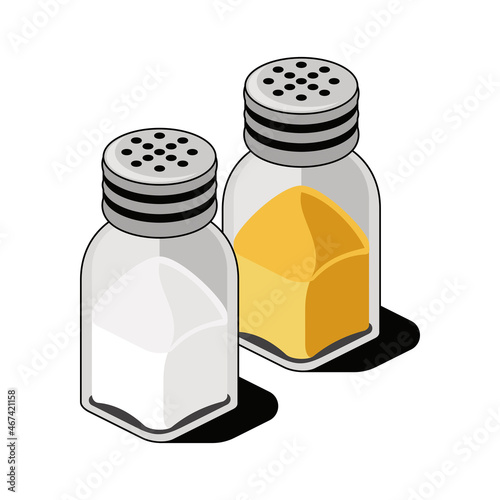 Pepper and salt in jars. Vector 3d sketch line isometric style, color icon illustration. Creative design idea and infographics elements.