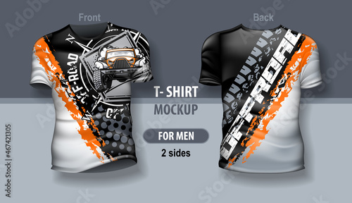 T-shirt for man front and back with SUV off-road club logo. Mock-up for double-sided printing. photo