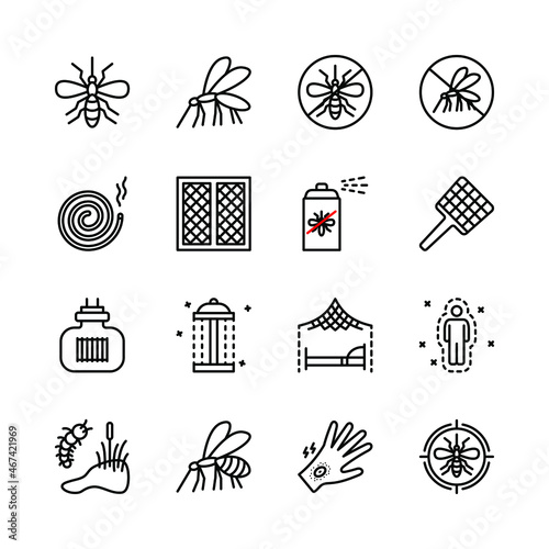 Mosquito flat line icons set. Insect control vector symbol, mosquito repellent, protection, mosquito net. Simple flat vector illustration for web site or mobile app