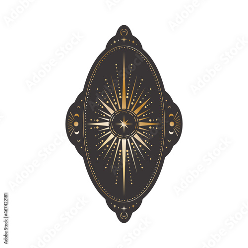 Vector oval celestial sticker with a golden shining star in frame with moon phases and crescents. Sketch tattoo in boho style on a black background. Elliptical ornate retro label with mystical symbol 