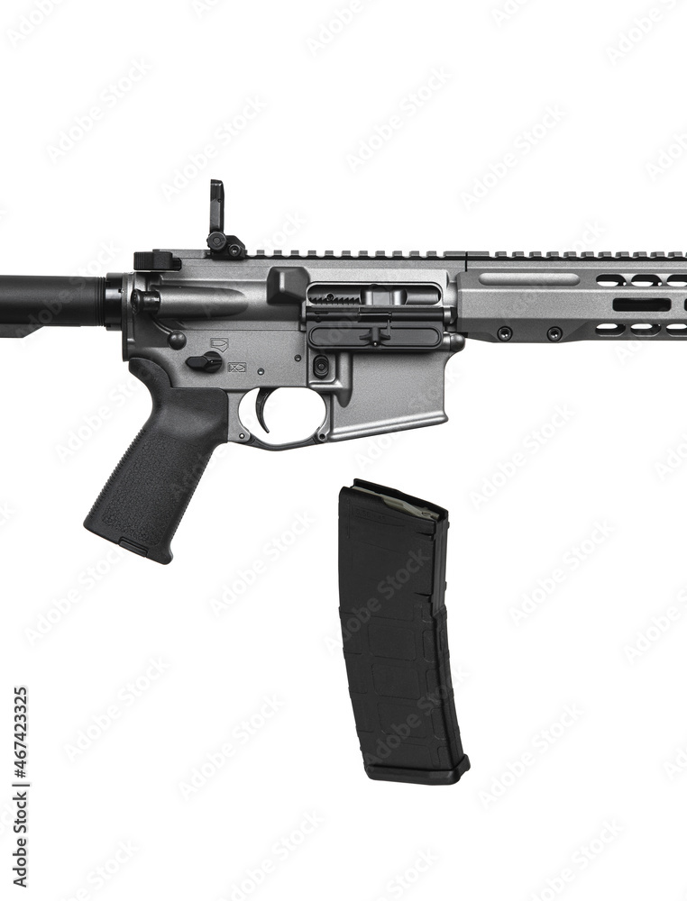Close up of modern automatic rifle isolated on white background. Weapons for police, special forces and the army. Automatic carbine with mechanical sights. Assault rifle on white Close up of modern automatic rifle isolated on white background. Weapons for police, special forces and the army. Automatic carbine with mechanical sights. Assault rifle on white