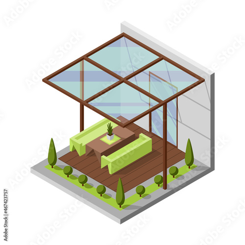 Inner courtyard isometric composition with patio. House with a private terrace and transparent glass cover. Covered veranda for table place. Modern architecture