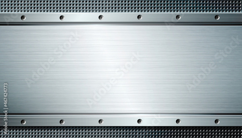 Polished steel banner with perforated metal background.