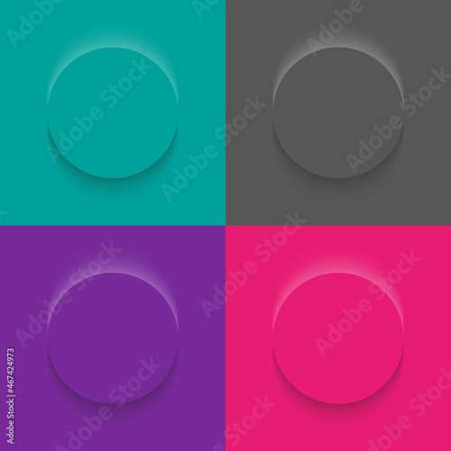 Set of black, purple, pink, menthol frame design. Abstract 3D circle backdrop for cosmetic product. Collection of luxury geometric background with copy space. Top view. EPS10 vector
