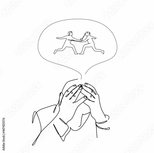 A linear drawing of a man holding his head and thoughts over the head of two fencers with his hands. Internal dialogue with another person. The concept of psychology