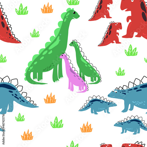 Childish seamless pattern with hand-drawn dinosaurs mom with baby.