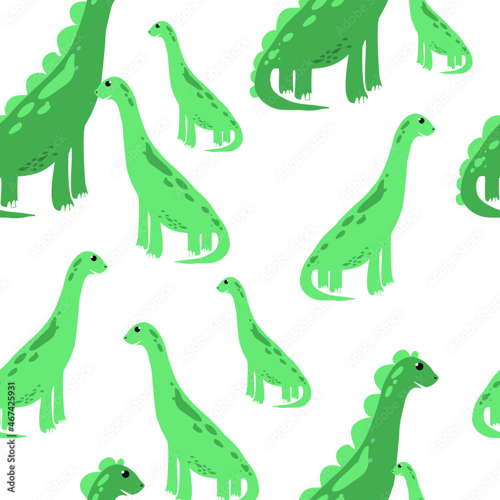 Childish seamless pattern with hand-drawn dinosaurs.
