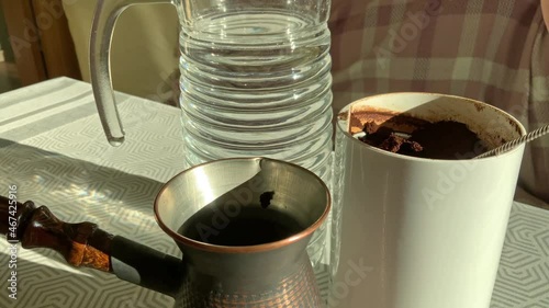 we prepare coffee, pour freshly ground coffee powder into the cezve for brewing