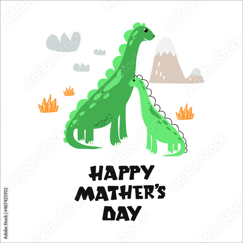 Fototapeta Naklejka Na Ścianę i Meble -  Happy Mother’s Day vector card. Cute  dinosaur and baby. 