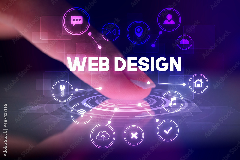 Finger touching tablet with web technology icons concept Finger touching tablet with web technology icons concept