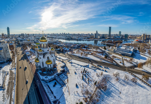 Panorama of winter Yekaterinburg and Temple on Blood in sunny day. Aerial view of Yekaterinburg  Russia