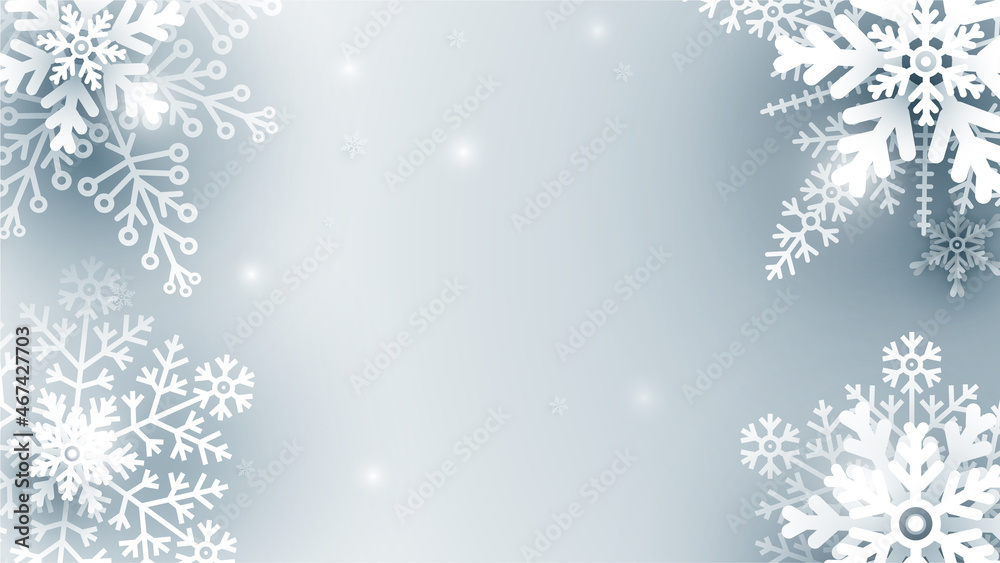 Christmas illustration with white 3d paper snowflakes on light blue background