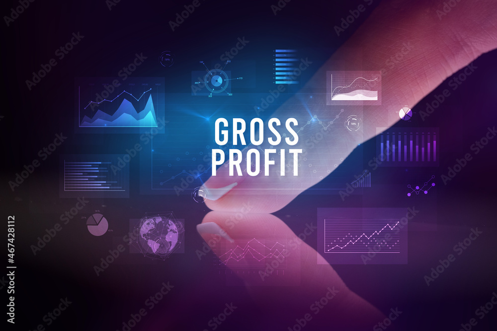 Finger touching tablet with business graphs and icons concept Finger touching tablet with business graphs and icons concept