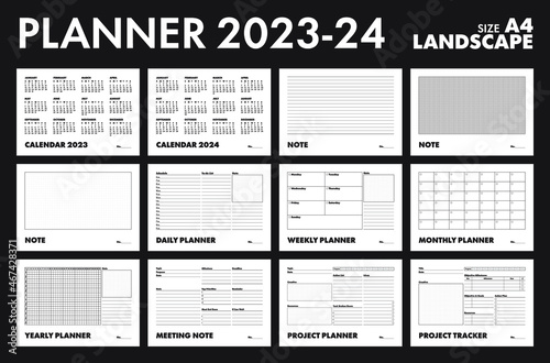 Simple Calendar 2023-24, Planner, Landscape, Week start Sunday template.