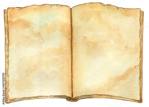 Watercolor illustration. An old open book, aged pages of a book without text
