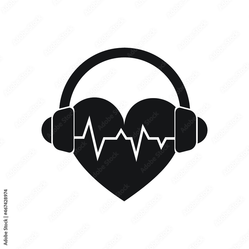 heart beat with headphones silhouette style icon design