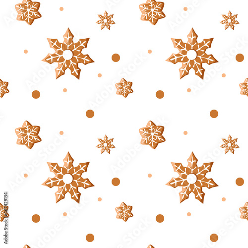 Delicious seamless gingerbread pattern in the shape of snowflakes. Vector illustration for background, print and decor