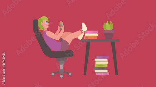 A girl with green hair sits on a chair and flips through social media instead of reading books.