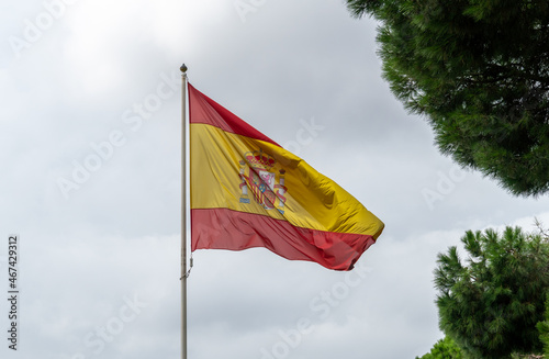 trees, mostly cloudy, hooks, sky, yellow, spanish, blue, red, national, symbol, country, european, nation, banner, background, patriotic, government, patriotism, fabric, emblem, wave, sign, union, bro photo