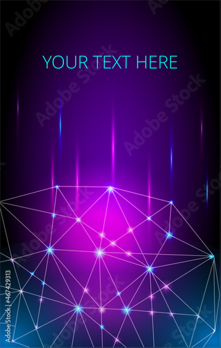 Template for a vertical banner or cover with a neural network image. Vector illustration in a futuristic neon style.