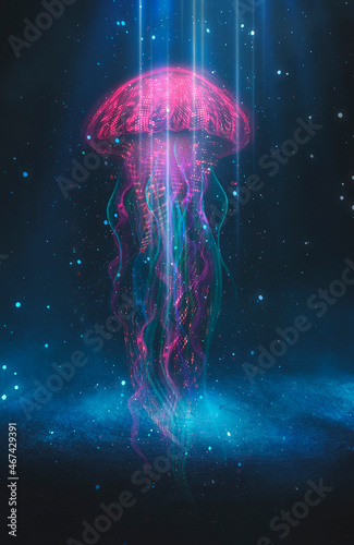 Underwater landscape night fantasy seabed, sea and ocean depth. Night view, silhouettes of neon jellyfish. Dark futuristic landscape in neon light. 3D illustration. 
