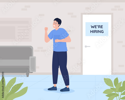 Employment opportunity flat color vector illustration. Candidate successfuly passed interview. Accepted for work position. Excited man 2D cartoon characters with office interior on background