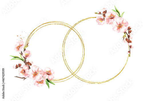 Wedding rings with spring flowers, Watercolor hand drawn illustration isolated on white background