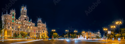 Night Panoramic of the Streets of Downtown Madrid With Cibiles Fountaion in the center