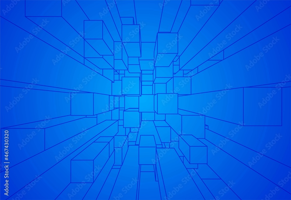 Blue background 3d flying cubes geometric elements vector