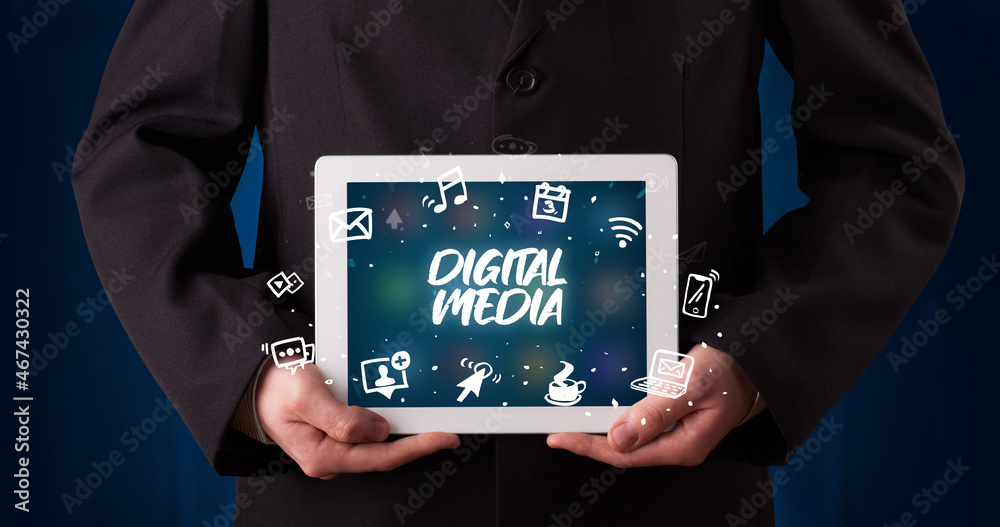 Person holding tablet, social network concept Person holding tablet, social network concept