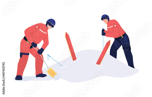 Rescuers digging skier out semi flat color vector characters. Posing figures. Full body people on white. Avalanche rescue isolated modern cartoon style illustration for graphic design and animation