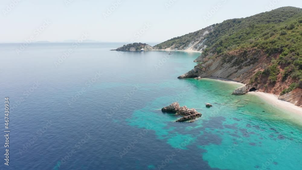 Drone view of Gidaki beach and turquoise sea at Ithaca island, Greece Drone view of Gidaki beach and turquoise sea at Ithaca island, Greece