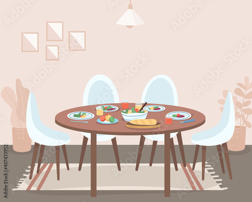 Dining room flat color vector illustration. Preparation for family gathering. Consuming food. Birthday celebration. Eating place furniture 2D cartoon interior with cozy atmosphere on background