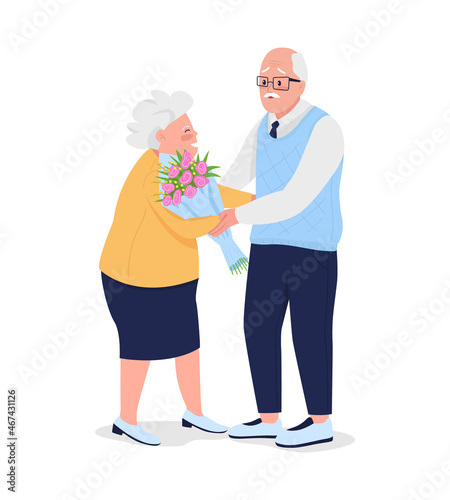 Old man presenting bouquet to wife semi flat color vector characters. Full body people on white. Elderly couple anniversary isolated modern cartoon style illustration for graphic design and animation