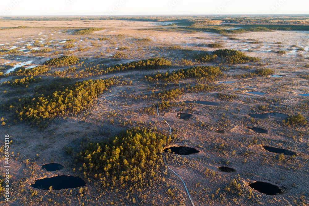 An aerial view of dark bog lakes and forest islands during an autumnal morning sunrise in Estonian nature, Northern Europe. Shot in Soomaa National Park, Kuresoo bog.	