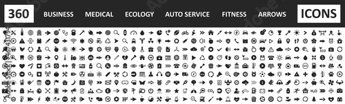 Set of icons, mega collection 360 icons. Business, fitness, medicals, sport, ecology, food, autoservice, finance, arrows. Vector.